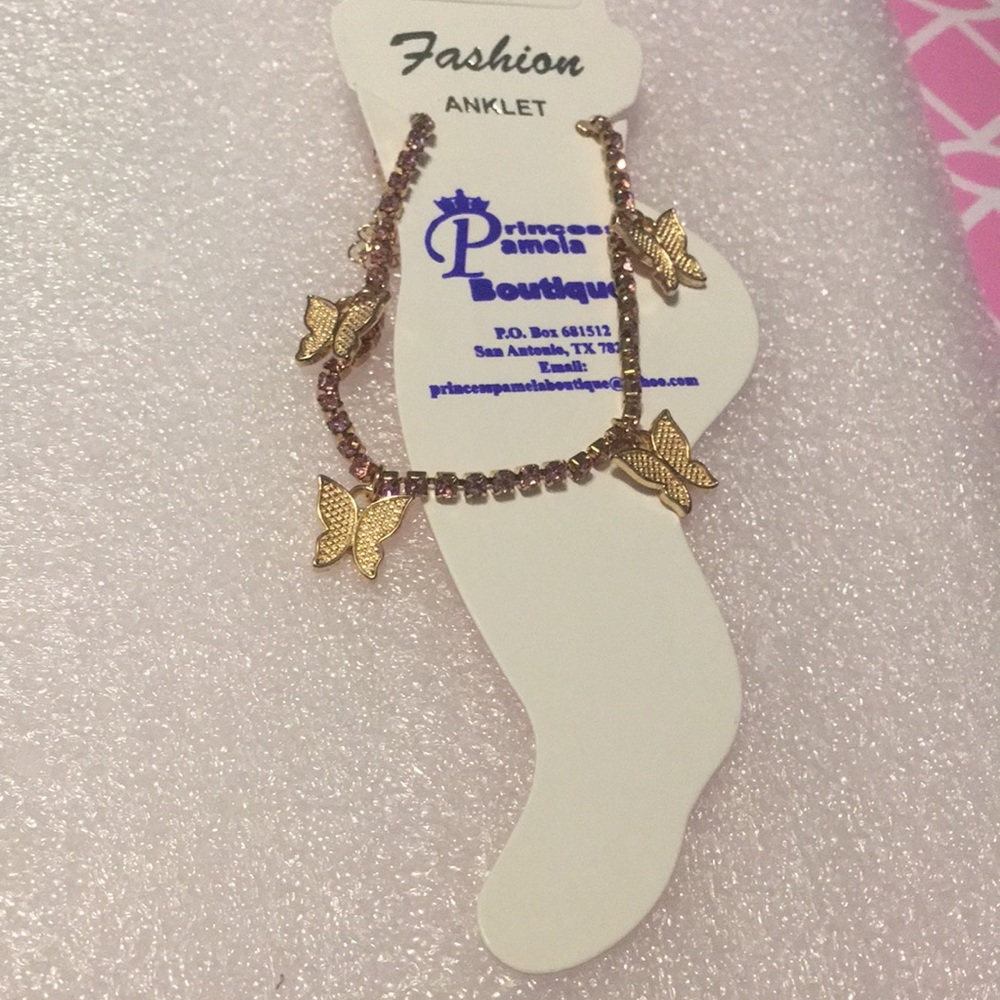 Pink Rhinestone Butterflies Ankle Bracelet - Picture 2 of 3